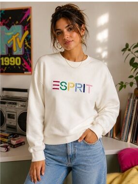 Esprit Cream Sweatshirt Multicolor Embroidered Logo size Small 80’s 90’s vintage